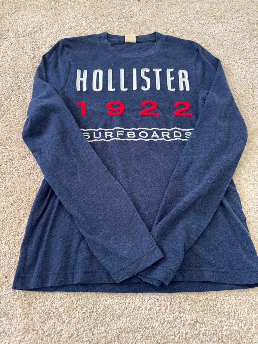Hollister Navy Long Sleeve Graphic Tee with Red Accents